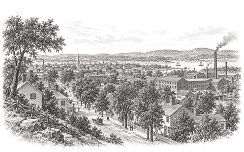 Drawing of houses and brick workshops along elm-lined streets in New Haven.