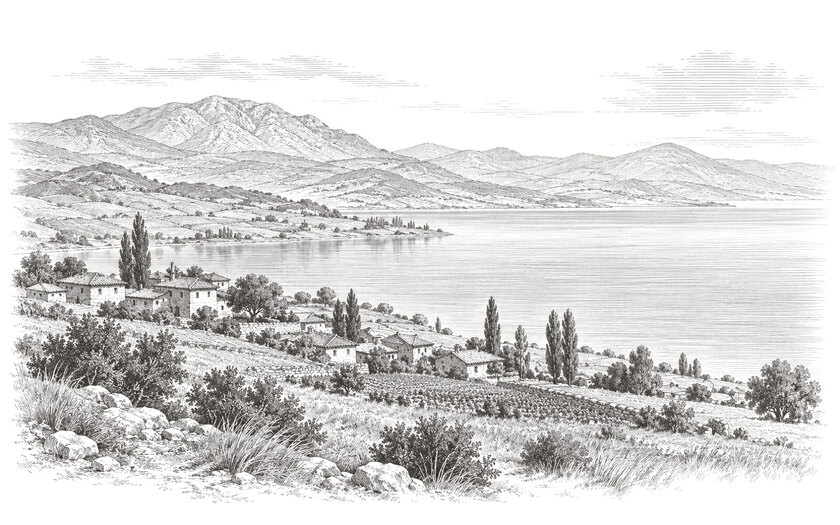 Drawing of low houses and cultivated slopes overlooking Lake Burdur beneath dry mountain ridges.