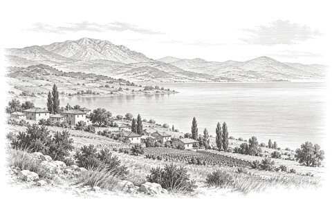 Drawing of low houses and cultivated slopes overlooking Lake Burdur beneath dry mountain ridges.