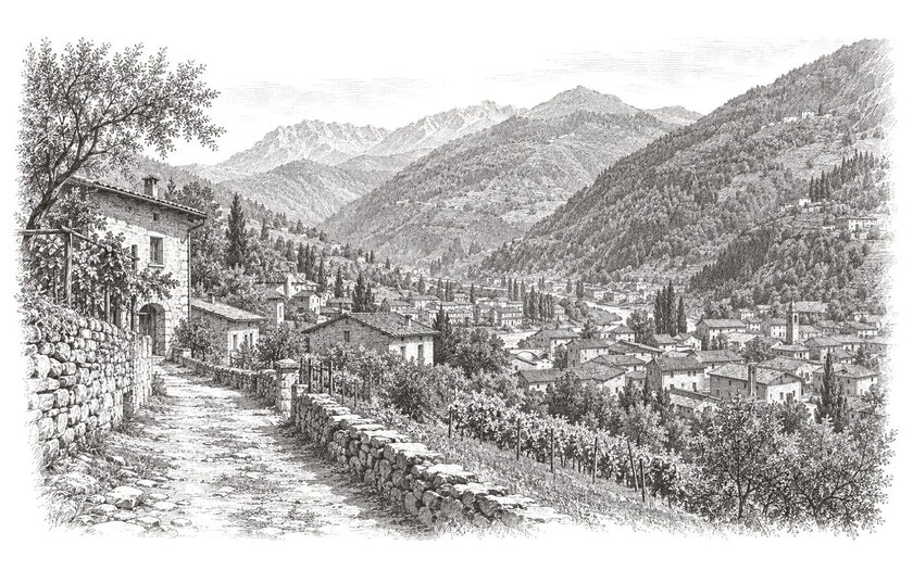 Drawing of a hillside lane overlooking the rooftops and wooded valley of Gardone Val Trompia.