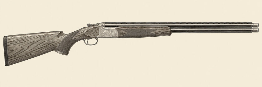 Drawing of a Miroku MK38 from the right: two vertically stacked barrels with extended choke tubes, a rib, a pale scroll-engraved action, one trigger, a pistol grip, a fixed comb, a recoil pad and a tulip fore-end.