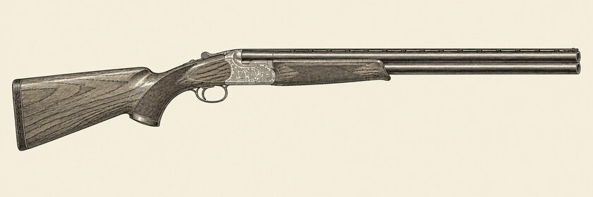 Drawing of a Miroku MK60 from the right: two vertically stacked barrels with plain muzzles, a rib, a scroll-engraved action, one trigger, a full pistol grip and a schnabel fore-end.