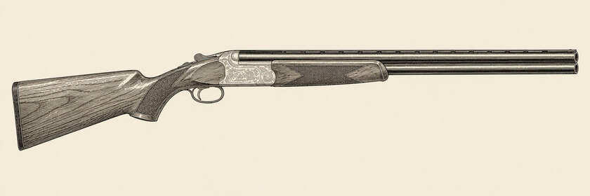 Drawing of a Miroku MK70 from the right: two vertically stacked barrels with flush chokes, a rib, a pale scroll-engraved boxlock action, one trigger, a pistol grip, a fixed comb, a thin butt plate and a tulip fore-end.