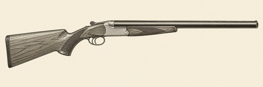 Drawing of a Parker hammerless from the right: side-by-side barrels and a box-shaped action without external hammers.