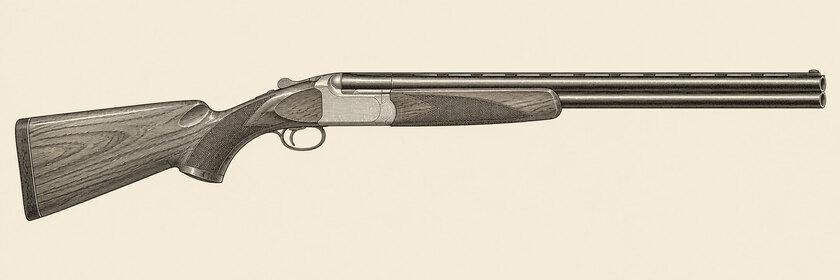 Drawing of a Perazzi High Tech S from the right: two vertically stacked barrels with plain muzzles, a rib, an action and one trigger.