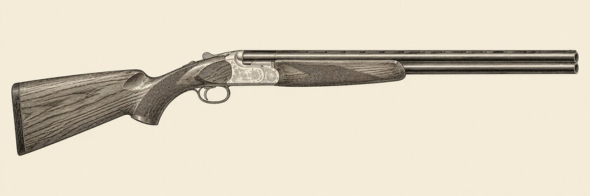 Drawing of a Perazzi MX2000S from the right: two vertically stacked barrels with plain muzzles, a tapered rib, a pale scroll-engraved action, one trigger and a beavertail fore-end.