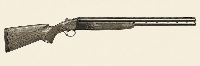 Drawing of a Perazzi MX8 from the right: two vertically stacked barrels with plain muzzles and partly ventilated side ribs, a tapered top rib, a dark boxlock action, one trigger, a walnut pistol grip and a beavertail fore-end.