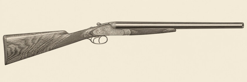 Drawing of a Purdey side-by-side sidelock from the right: side-by-side barrels, a rounded sidelock action with foliate scroll and double triggers.