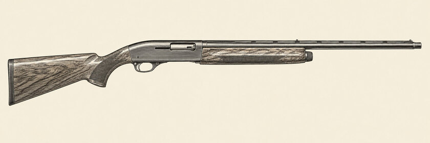 Drawing of a Remington 1100 from the right: one 28-inch barrel, a rib with two beads, an extended choke, a blued semi-automatic receiver, a walnut stock and a wooden fore-end.