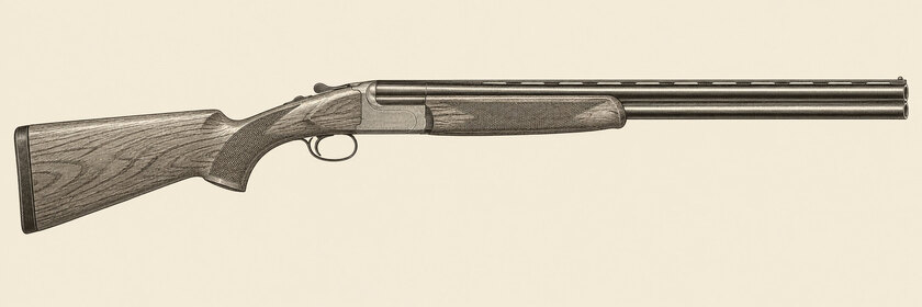 Drawing of a Rizzini BR110 from the right: two stacked 28-inch barrels, a boxlock receiver and a Turkish walnut pistol-grip stock.