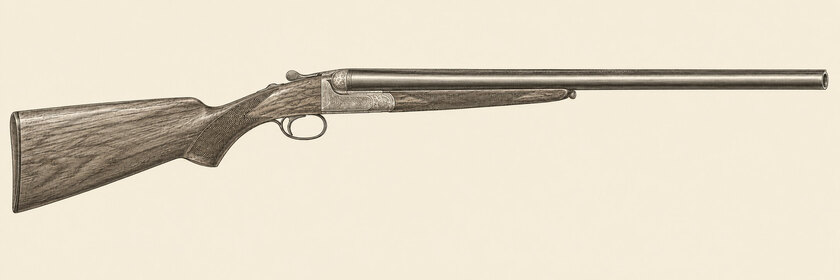 Drawing of a Rizzini BR550 from the right: side-by-side barrels, a tapered rib, a rounded boxlock action, a flat pistol grip, an English fore-end with a tip button, a wooden butt plate and a single trigger.