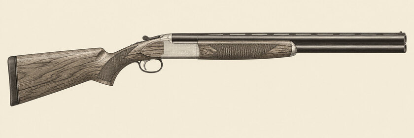 Drawing of a Ruger Red Label from the right: two stacked barrels with a ventilated rib and solid side fillers, a stainless receiver, blued barrels and top lever, a chequered walnut pistol-grip stock, a wooden fore-end, a recoil pad and a single trigger.