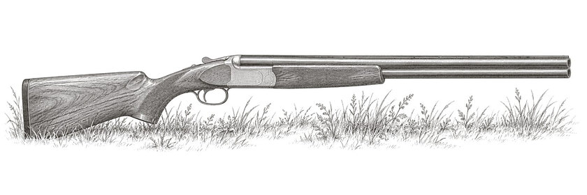 Drawing of an over-and-under shotgun in low grass, from the right.