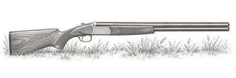 Drawing of an over-and-under shotgun in low grass, from the right.