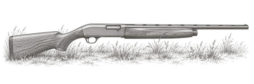 Drawing of a semi-automatic shotgun in low grass, from the right, with its ejection port visible.