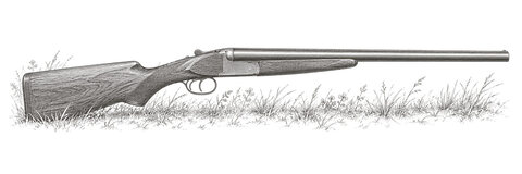 Drawing of a side-by-side shotgun in low grass, from the right.