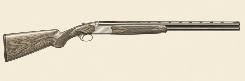 Drawing of a Weatherby Orion from the right: two stacked 28-inch barrels, a ventilated rib and bead, a slim receiver, a walnut stock with a Prince of Wales grip and a single trigger.