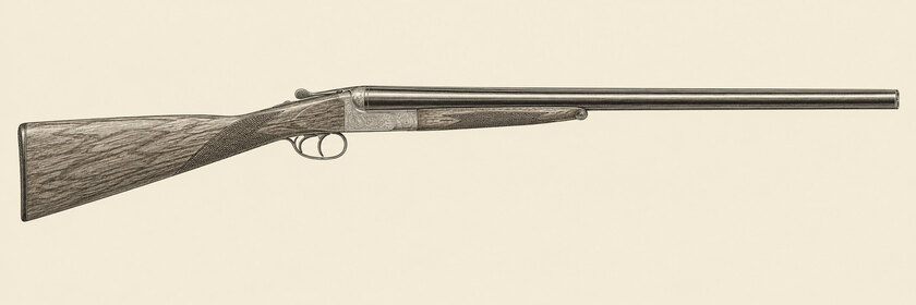 Drawing of a Webley & Scott 700 from the right: side-by-side 28-inch barrels, a boxlock action with open scroll, double triggers, a straight stock and a slim fore-end with a tip release.