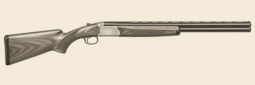 Drawing of a Winchester 101 from the right: two stacked 28-inch barrels, a low brushed receiver and a walnut stock.