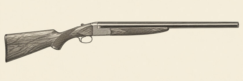 Drawing of a Winchester Model 21 from the right: side-by-side 28-inch barrels, a boxlock action with an arrowhead reinforcement at the breech, a chequered walnut pistol-grip stock, a beavertail fore-end and a single trigger.