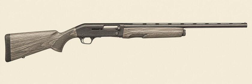 Drawing of a Winchester SX4 from the right: one 28-inch barrel, a rib, a dark semi-automatic receiver with enlarged bolt controls, a walnut stock and a wooden fore-end with finger cut-outs.