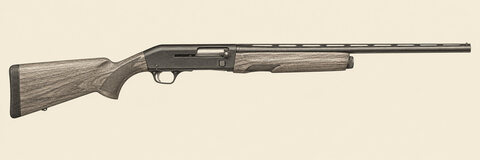 Drawing of a Winchester SX4 from the right: one 28-inch barrel, a rib, a dark semi-automatic receiver with enlarged bolt controls, a walnut stock and a wooden fore-end with finger cut-outs.