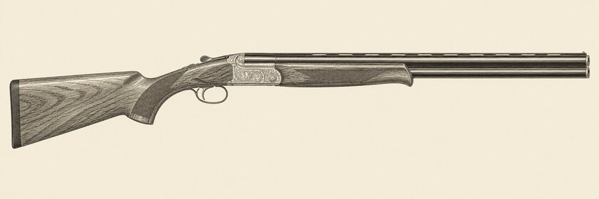 Drawing of a Yildiz SPZ ME from the right: two stacked barrels, an engraved action, a walnut stock, a duckbill fore-end and a single trigger.