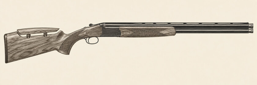 Drawing of a Zoli Z-Sport from the right: two stacked 32-inch barrels with extended chokes, a flat rib, a blued action, a walnut stock with an adjustable comb, a rounded fore-end and a single trigger.